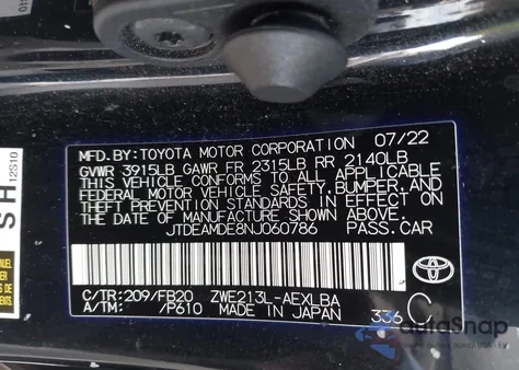 2022 Toyota Corolla Hybrid Le from USA, damaged, VIN JTDEAMDE8NJ060786